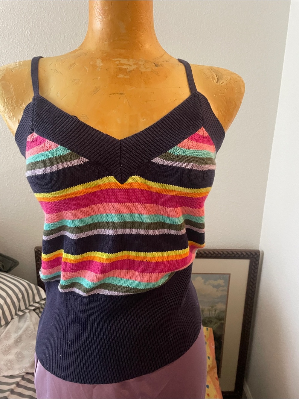 Trina Turk Navy Knit Tank Top with Bright Stripes